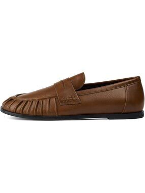 Women's Retro Red Brown Leather Penny Loafers Pleated Slip On Casual Flat Shoes